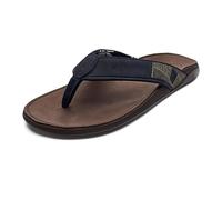 OLUKAI Tuahine Men's Waterproof Leather Sandals, Versatile Beach Flip Flops, Arch Support & Comfort Fit, Lightweight & Durable, Enhanced Grip & Traction, Trench Blue/Dk Wood, 8.5 UK