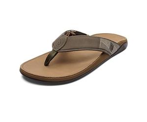OLUKAI Tuahine Men's Waterproof Leather Sandals, Versatile Beach Flip Flops, Arch Support & Comfort Fit, Lightweight & Durable, Enhanced Grip & Traction, Hunter/Golden Sand, 9.5 UK