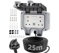 Olutula Outdoor 25m Extension Lead 2 USB Ports Socket Waterproof IP66 13Amp Weatherproof Sockets Switch Indicator Light Wall Electrical Outlet Box for Garden