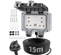 Olutula Outdoor Socket 15m Extension Lead 2 USB Ports Waterproof IP66 13Amp Weatherproof Outdoor Sockets Switch Indicator Light Wall Electrical Outlet Socket Box for Garden