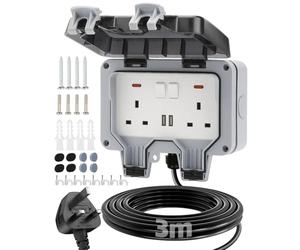 Olutula Outdoor Socket 3m Extension Lead 2 USB Ports Outdoor Double Socket Waterproof IP66 13Amp Weatherproof Outdoor Sockets Switch Indicator Light Wall Electrical Outlet Socket Box for Garden