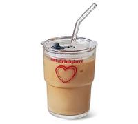 Olvini 13oz Glass Tumbler with Glass Straw and Lid, Iced Coffee Cups Reusable, Water Cup, Coffee Tumbler, Glass Coffee Mugs, Valentines Day Gifts (Eat, drink, love)