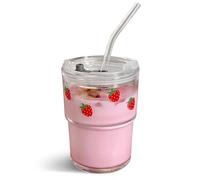 Olvini 13oz Glass Tumbler with Straw and Lid, Reusable Iced Coffee Cup, Cute Drinking Glass (Strawberry - 13oz)