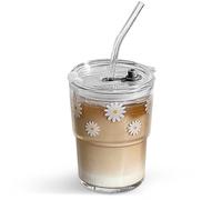 Olvini 13oz Glass Tumbler with Straw and Lid, Reusable Iced Coffee Cup Tumbler, Cute Glass Cups for Water, Matcha, Travel Coffee Mugs (Daisy)