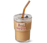 Olvini 13oz Glass Tumbler with Straw and Lid, Reusable Iced Coffee Cup, Water Glass, Coffee Mug (Bon Appétit)