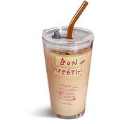 Olvini 15oz Glass Tumbler with Straw and Lid, Cute Iced Coffee Cups, Aesthetic Glass Cups, Coffee Tumbler, Water Cup, Matcha Cup, Drinking Glasses (Bon Appétit)