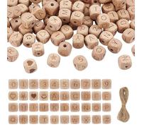 OLYCRAFT 106 Pcs 12mm Natural Square Wood Beads with Hole Include 78 Pcs 3 Set 26 Alphabet Beech Wooden Beads and 20 Pcs 0~9 Number Wooden Bead and 10m Jute Cord Large Hole Beads for Jewelry Making
