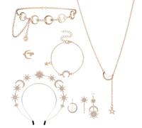 OLYCRAFT 10pcs Crown Moon Headband Set Include Golden Star Sun Tiaras Headband Bracelets Rings Necklace Chain Belt Earrings Stars and Moon Hair Clips for Women Wedding Bridal Party Costume Accessories