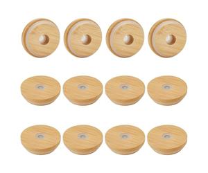 OLYCRAFT 12Pcs Bamboo Lids for Glass Cups 64mm Reusable Cup Lid with Straw Hole Wood Mason Jar Lids Replacement Beer Glasses Lid Wooden Lid with Leak-proof Silicone for Regular Mouth Beer Glasses