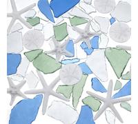 OLYCRAFT 15 pcs White Beach Starfish Decoration Kit with 285g Blue Frosted Seaglass Pieces 49.5mm 82mm Sea Star Resin Sand Dollar Ornament for Beach Wedding Party Decor DIY Crafts