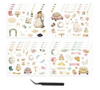 OLYCRAFT 16 Sheets/416Pcs Wedding PVC Waterproof Sticker 4 Styles Marriage Anniversary Scrapbook Stickers Self-Adhesive Bridal Shower Sticker with Tweezer for Water Bottle Laptop Photo Album Decor