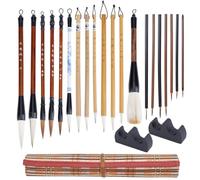 OLYCRAFT 20Pcs Chinese Calligraphy Brush Set with Roll-up Bamboo Brush Holder Writing Drawing Brushes Paperweight Holder for Kanji Drawing Writing Art Supplies