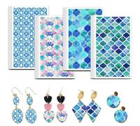 OLYCRAFT 24Pcs Blue Moroccan Tile Clay Transfer Paper 4 Design Geometric Pattern Transfers Paper for Polymer Baroque Polymer Clay Transfer Sheets Small Ceramic Decal for Clays Earrings Jewelry
