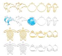 OLYCRAFT 24Pcs Sea Theme Open Bezel Pendant 12-Style Alloy Frame Pendants Color-Lasting Hollow Dolphin Jellyfish Whale Resin Frames with Loop for DIY UV Resin Jewelry Making - Gold & Sliver