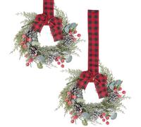 OLYCRAFT 2Pcs Christmas Candle Rings Wreaths Small Kitchen Cabinet Wreaths 22x25cm Christmas Red Berry with Red and Black Plaid Bow Farmhouse Wreath for Holiday Xmas Party Window Door Decoration