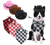 OLYCRAFT 3 Pack Pet Cowboy Costume Accessories Set Western Style Costume Accessories Plaid Cotton Pet Bandana and Felt Cowboy Hat Set for Small Dogs and Cats Halloween Parties and Daily Cosplay