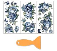 OLYCRAFT 3 Sheets/Set Indigo Flower Rub on Transfers for Crafts 15x30cm Furniture Decals Waterproof Peony Transfers Self-Stick Furniture Transfer with Scraper for Dressers Cabinets Window