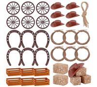 OLYCRAFT 36Pcs Western Theme Party Decorations Set Cowboy Birthday Table Centerpieces Including Mini Horseshoes Hats Boots Wood Crates Hay Bales and Wheels for Birthday Country Table Centerpieces