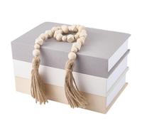 OLYCRAFT 3Pcs Faux Decorative Books Set for Home Decor Linen Covered Book Box Neutral Home Decor Books Farmhouse Boho Stacked Faux Book Set with Bead Garland for Room Table Display