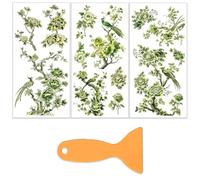 OLYCRAFT 3pcs/Set Green Flowers Rub on Transfers for Furniture and Crafts 15x30cm Bird Decor Transfer Stickers Oriental Style Decals with 1pc Scraper for Wooden Home Dresser Wardrobe Decoration
