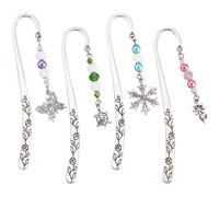 OLYCRAFT 4 Pcs Hook Alloy Bookmarks - Glass Beaded Vintage Bookmarks with Butterfly/Flower/Tortoise/Snowflake Pendant - About 16.5cm