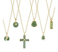 OLYCRAFT 6 Pcs Lucky Buddha Necklace Green Jade Cross Pendant Necklace Set Brass Laughing Buddha Necklaces Good Luck Chinese Fu Fortune Pendant Necklaces for Women Men Jewelry Present