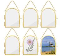 OLYCRAFT 6Pcs Wall Hanging Mini Photo Frames 9x6.9cm Double Glass Picture Frame with Chain Arch Brass Frame DIY Vintage Artwork Display Frames for Pressed Flowers Pictures Home Wall