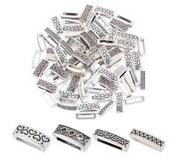OLYCRAFT 80Pcs 4 Styles Alloy Slider Spacer Carving Floral Buckle Beads 15.5x4mm Silver Waves Dots Sliders Bar Spacer Loops Bracelet Charms for Leather Bracelet Necklace Jewelry Making