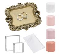 OLYCRAFT 8pcs Vintage Jewellery Tray Display Set Included 1pc Antique Trinket Dish 2pcs Clear Arcylic Display Block 4 Polyester Raw Edged Ribbon and 1pc Satin Fabrics for Jewellery Display Photography