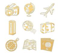 OLYCRAFT 9pcs 4x4cm Golden Metal Stickers Travel Theme Stickers Self Adhesive Airplane Map Passport Stickers Golden Epoxy Stickers for DIY Scrapbooks Epoxy Resin Art Crafts Water Bottle Decor