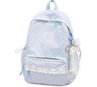 OLYGEE Coquette Aesthetic Lace Polka Dot Backpack with Lace Bow Accessory, Large Laptop Daypack Kawaii Lightweight (Blue)