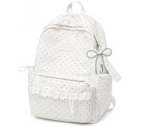 OLYGEE Coquette Aesthetic Lace Polka Dot Backpack with Lace Bow Accessory, Large Laptop Daypack Kawaii Lightweight (White)