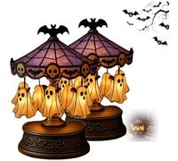 OLYGEE Ghost Carousel Lights, USB Rechargeable Floating Ghost Reading Book Lamp - Vintage Copper Base & Purple Glass, Spooky Halloween Lights Decor for Home, Bedroom, Mantel, Tabletop, Gift (2pcs)