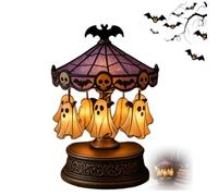 OLYGEE Ghost Carousel Lights, USB Rechargeable Floating Ghost Reading Book Lamp - Vintage Copper Base & Purple Glass, Spooky Halloween Lights Decor for Home, Bedroom, Mantel, Tabletop, Gift (1pcs)