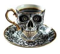 OLYGEE Royal Skull Coffee Mug with Saucer Set - Gothic Gold Trim Skull Tea Cup, Horror Novelty Halloween Decor Mug, Funny Diabolical Bonehead Gift for Coffee Lovers & Collectors