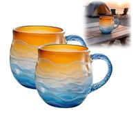 OLYGEE Sea Glass Sundown Mug 12 Oz, Ocean Wave Textured Beach Mug for Coffee Tea, Unique Gift for Ocean Lovers (2pcs)