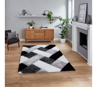 Olympia 2239 Black White Geometric 40mm Thick Shaggy Modern Easy To Clean Rug For Bedroom Living Room By Think Rugs-160Cm X 220Cm