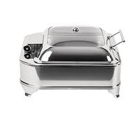 Olympia Electric Square Chafer Glass Lid 6Ltr Stainless Steel, 410mm | Wet heat operation keeps dishes hot; soft-close mechanism prevents slams. Includes food pan for immediate commercial use.