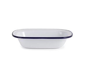 Olympia Enamel Rectangular Pie Dishes 180x135mm, Pack of 6, 180 x 135 mm | Retro blue and white style with a chemical-resistant finish; ovenproof and dishwasher safe for busy commercial kitchens.