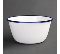 Olympia Enamelled Steel Pudding Bowls 155mm White & Blue, Pack of 6 | Oven and dishwasher safe serving dishes acquire unique character with use; chemical resistant and suitable for care homes.