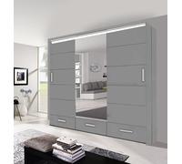 OLYMPIA FURNITURE Florence 256cm High Gloss Mirror Door Wardrobe With Hanging Rails, Shelves & Free LED Light in Grey OLYMPIA FURNITURE Grey
