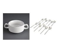 Olympia Hotelware Stacking Soup Bowls in White Porcelain 10oz / 290ml - x 12 & Genware NEV-2000-7 Millennium Soup Spoon (Pack of 12)