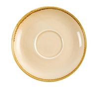 Olympia Kiln Porcelain Cappuccino Saucers 160mm, Sandstone (6 Pack) | BS4034 vitrified build offers commercial strength, with hand-painted rims, plus microwave and dishwasher safe utility.