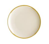 Olympia Kiln Sandstone Round Coupe Plates, 178mm, Pack of 6, Cream, 178 mm | Hand-applied rim drip dries naturally for an artisan feel. Reactive-glazed porcelain is microwave and dishwasher safe.