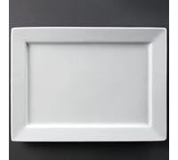 Olympia Porcelain Wide Rim Rectangular Platter 400x295mm, White | Super vitrified serving tray resists chipping; safe for use in commercial dishwashers, microwaves, ovens and freezers.