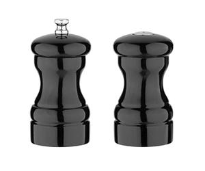 Olympia Rubber Wood Salt and Pepper Grinder Set, 100mm, Black | Robust ceramic grinding mechanism provides adjustable precision; refillable 50mm diameter size fits busy commercial tables.