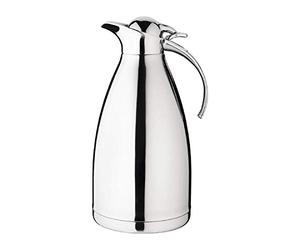 Olympia Stainless Steel Vacuum Jug Polished, 2Ltr | Double-walled body keeps drinks hot for longer; hinged lid with push lever and non-drip spout ensure clean pouring.
