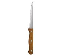 Olympia Steak Knives Acacia Handle 113mm (Pack of 12) C136 | Serrated stainless steel blade cuts effortlessly through tough meats, with a rustic wooden handle for a secure grip.