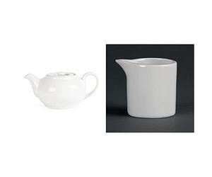 Olympia White Ware Teapots 426Ml 15Oz Porcelain Infuser Innovative Design 4pc & White Ware Milk and Cream Jugs 57Ml 2Oz Mug Cup Creamer Pitcher 6pc