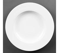 Olympia Whiteware Pasta Plates Porcelain 310mm, White, Pack of 4 | Oven, microwave, freezer and dishwasher safe; stackable design with strengthened rolled edges and chip warranty.